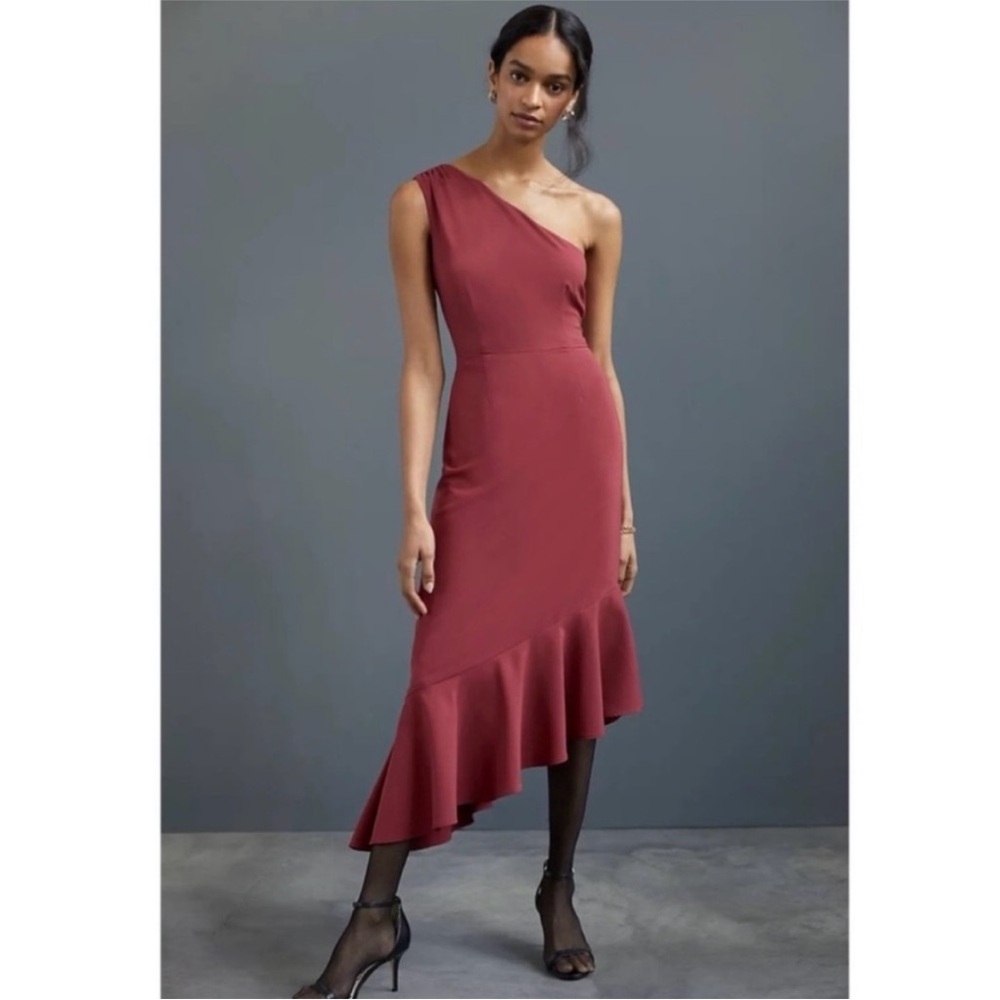 Hutch x Anthropologie Red One-Shoulder Asymmetrical Flounced Hem Maxi Dress